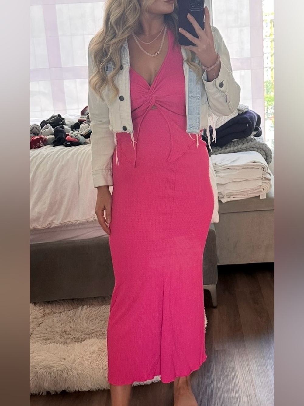 Hot Pink 2 piece outfit - Knot Front Halter Crop Top and matching midi skirt